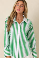 Above Par Green Stripe Cotton Blend Contrast Collar Shirt