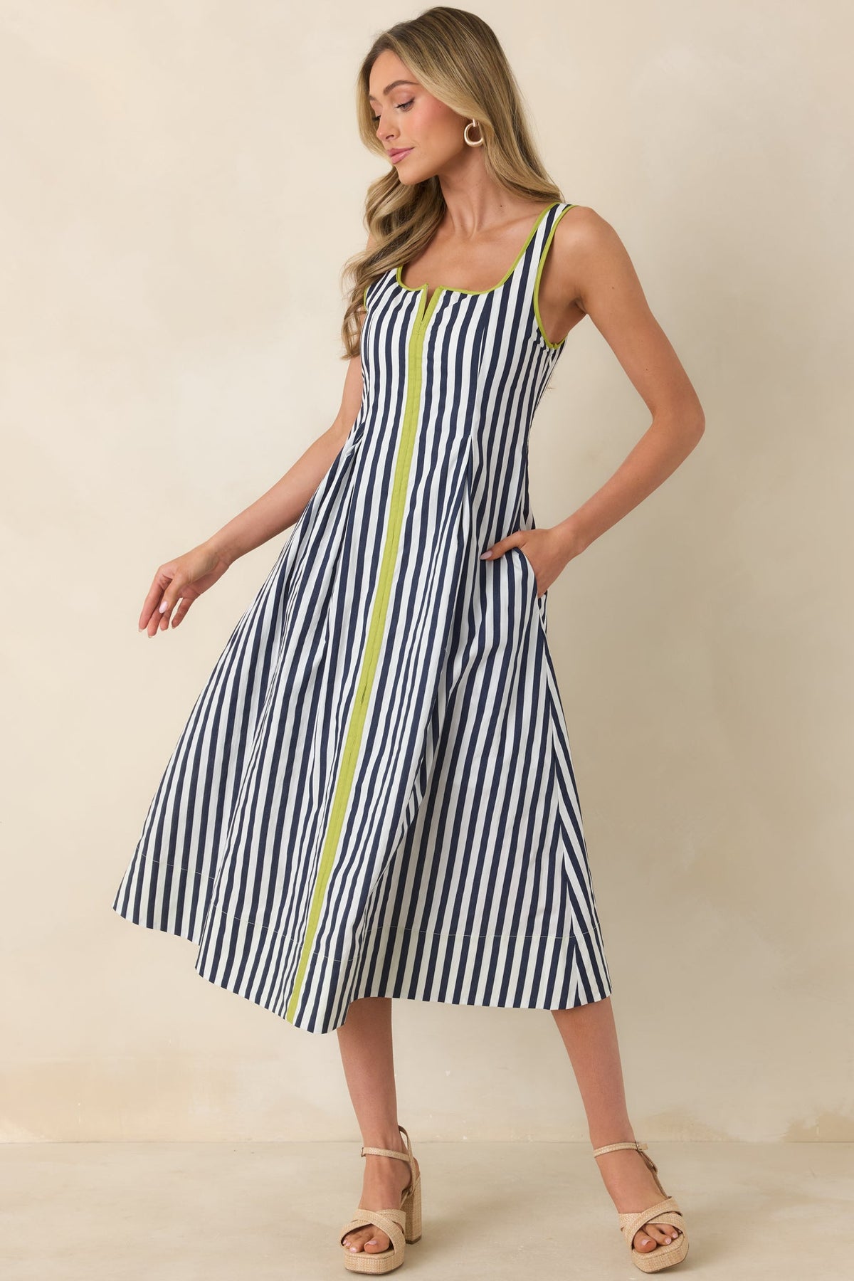 All Smiles Navy & Chartreuse Stripe Cotton Midi Dress