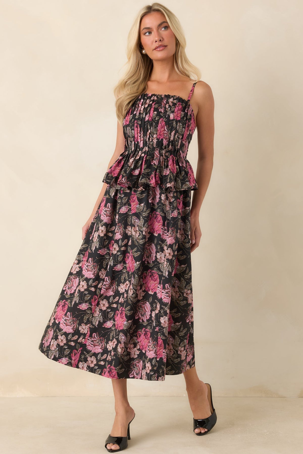 A Very Good Reason Black Floral Cotton Pleated Peplum Midi Dress