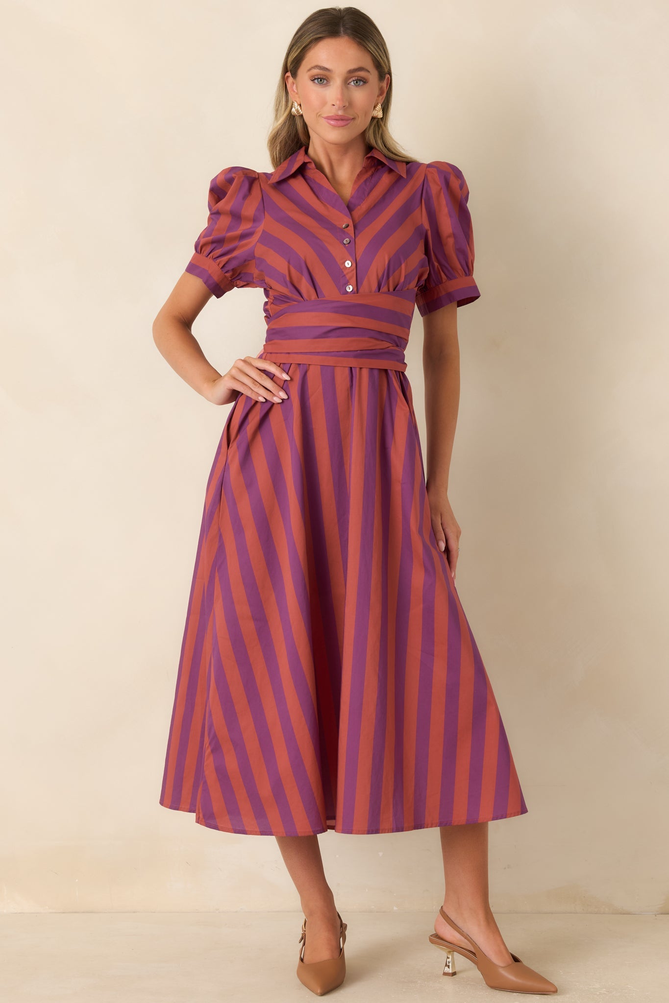 A Fresh Approach Plum & Burgundy Stripe Cotton Midi Shirt Dress