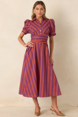 A Fresh Approach Plum & Burgundy Stripe Cotton Midi Shirt Dress