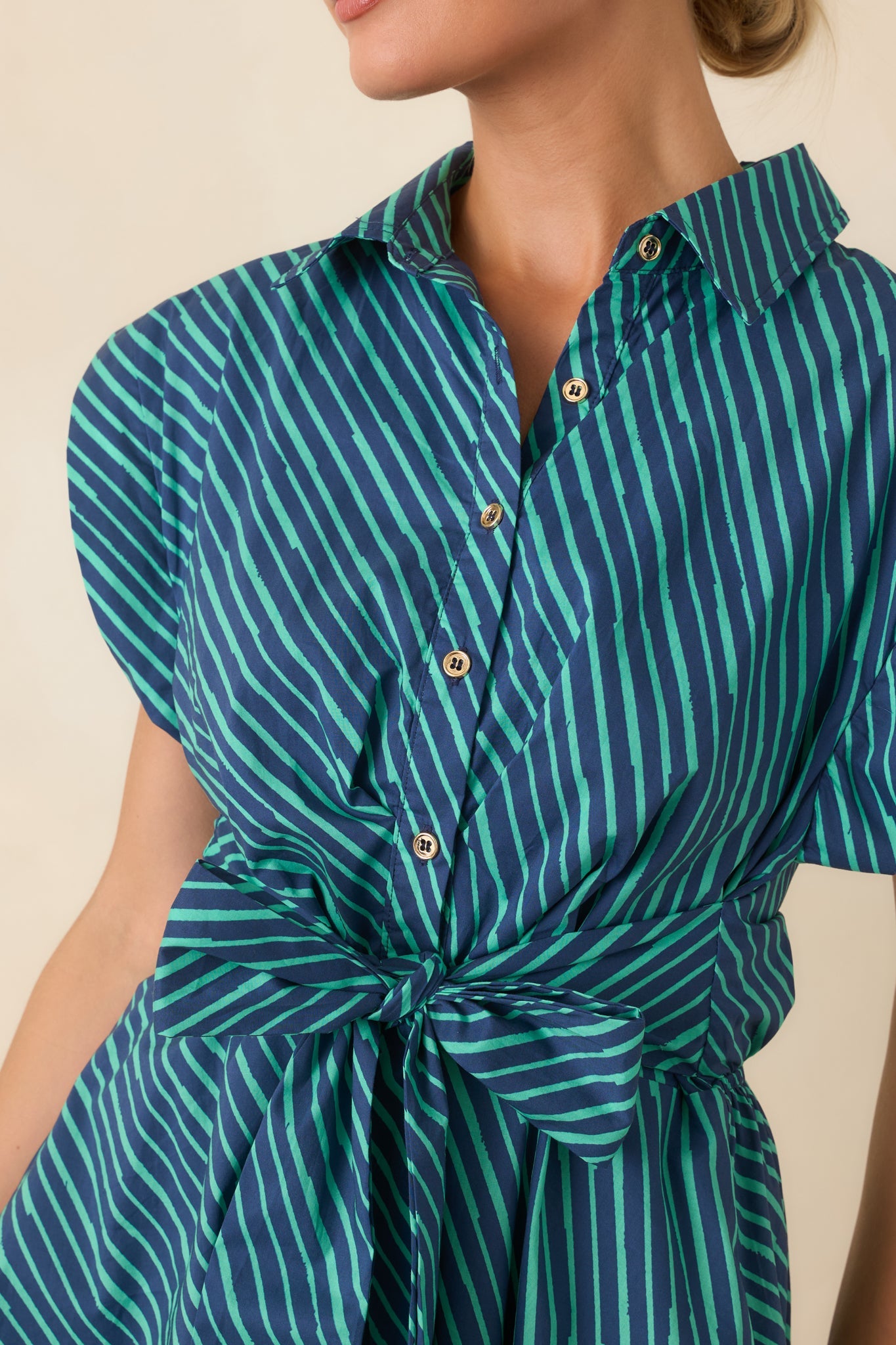 Blurred Lines Teal Stripe Tie Waist Mini Dress