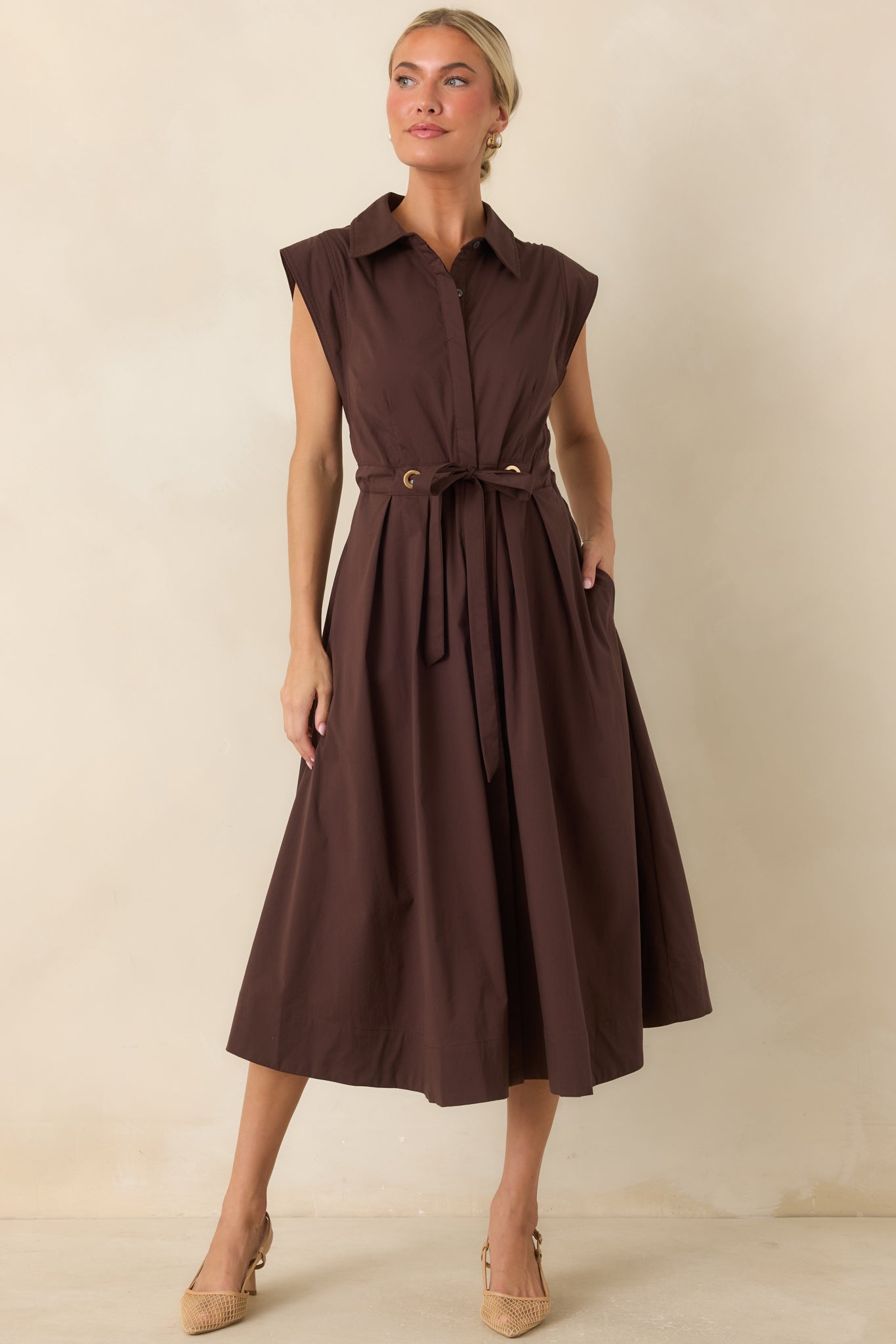 A Better Plan Brown Cotton Poplin Belted Midi Dress