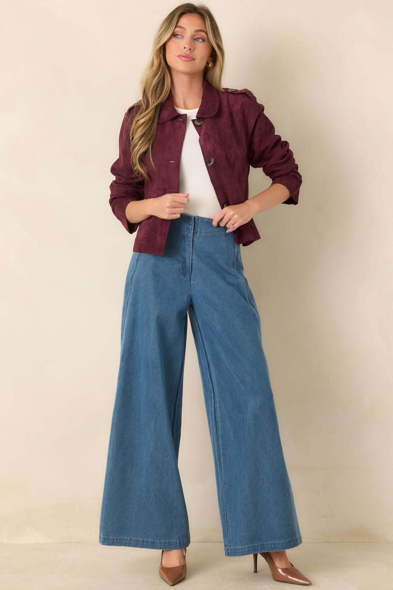 A Rich Addition Wine Faux Suede Cropped Jacket
