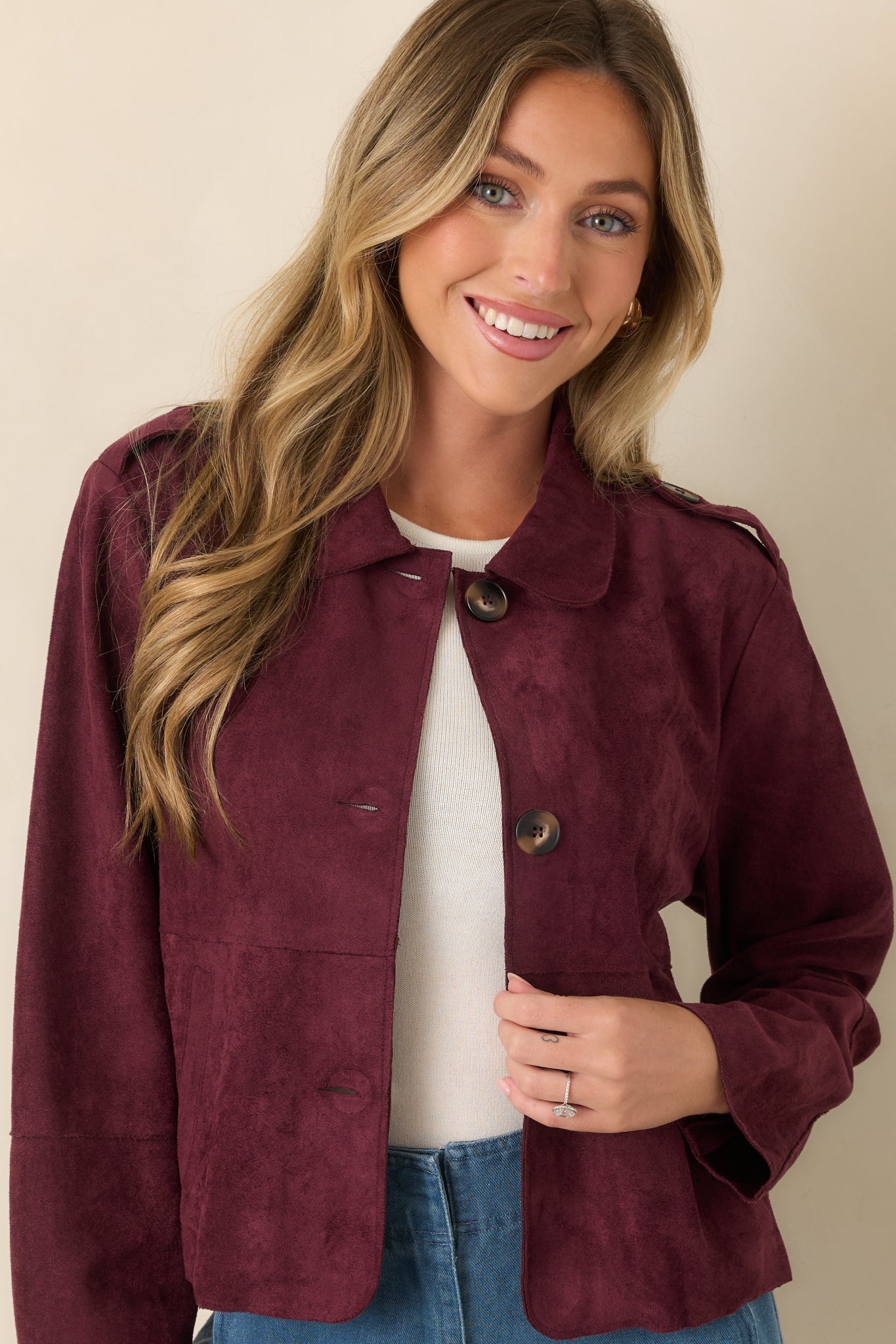 A Rich Addition Wine Faux Suede Cropped Jacket
