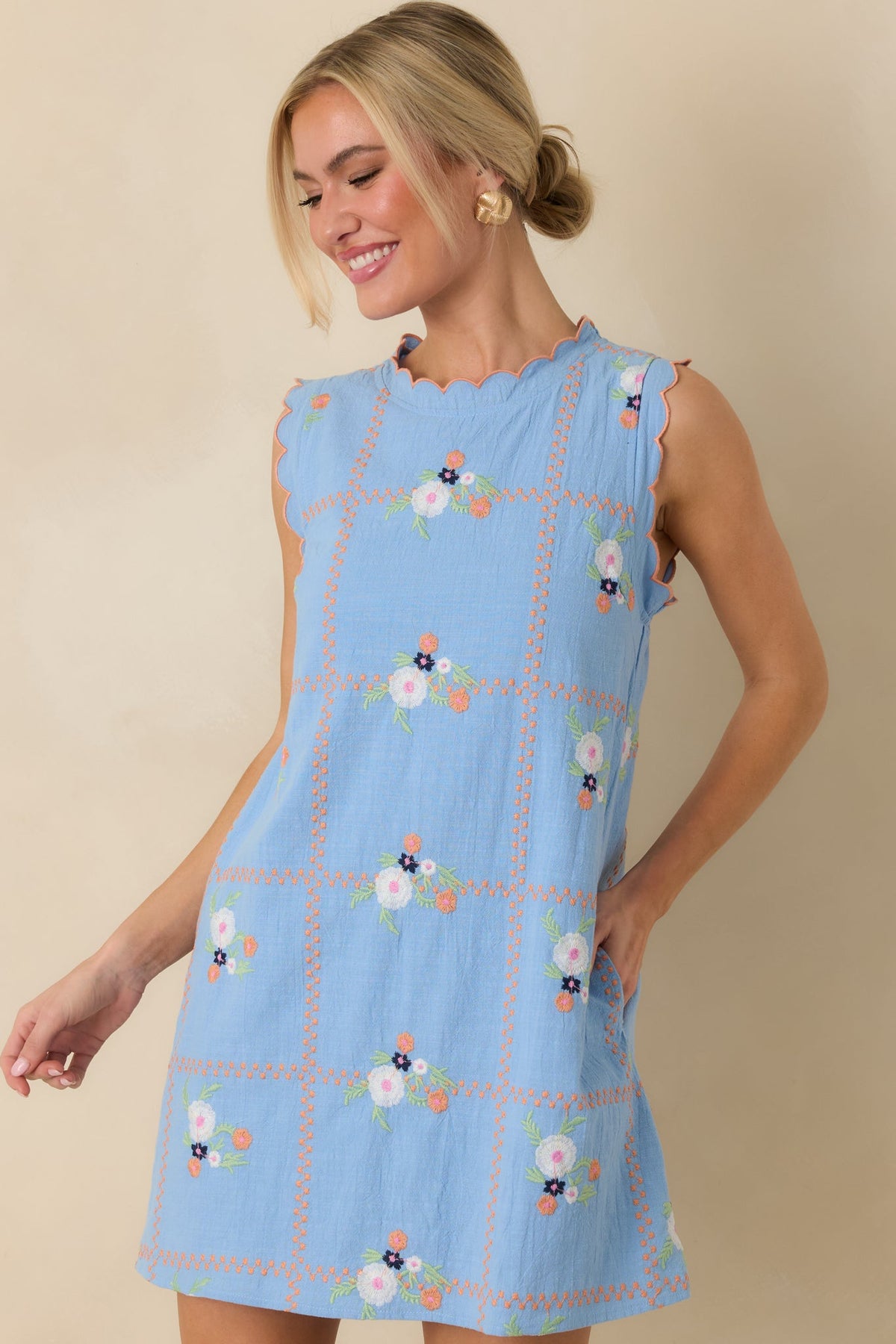 A Sweet Escape Light Blue Multi Floral Embroidered Cotton Sleeveless Mini Dress