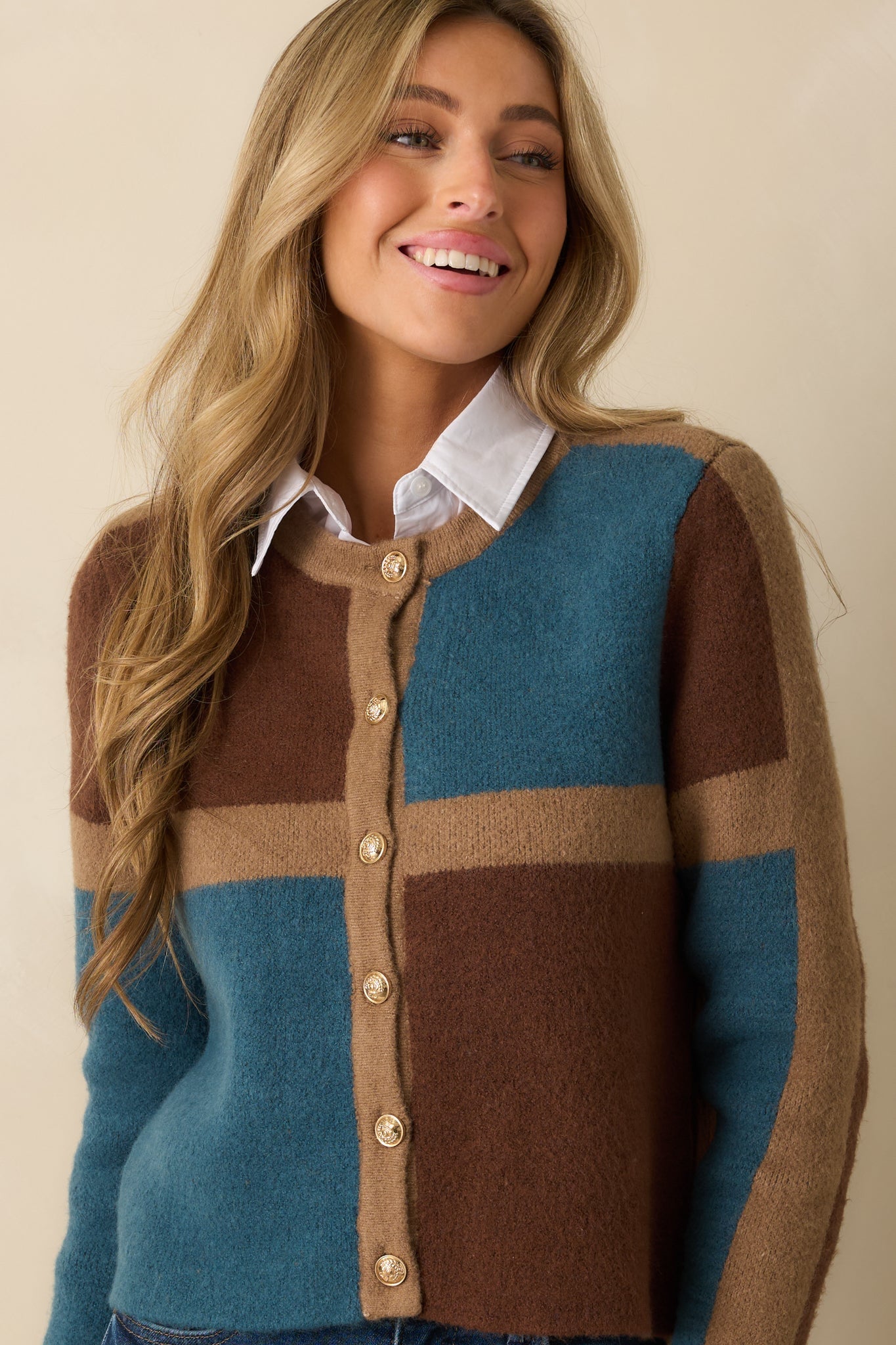All About Now Brown and Teal Knit Color Block Cardigan Sweater