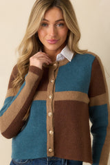 All About Now Brown and Teal Knit Color Block Cardigan Sweater