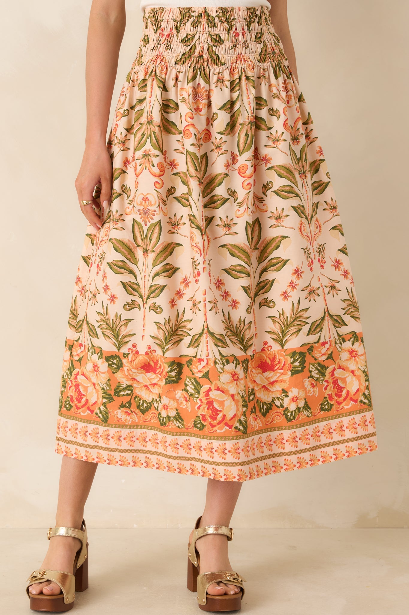 Bloom With Me Peach & Meadow Green Floral Cotton Midi Skirt