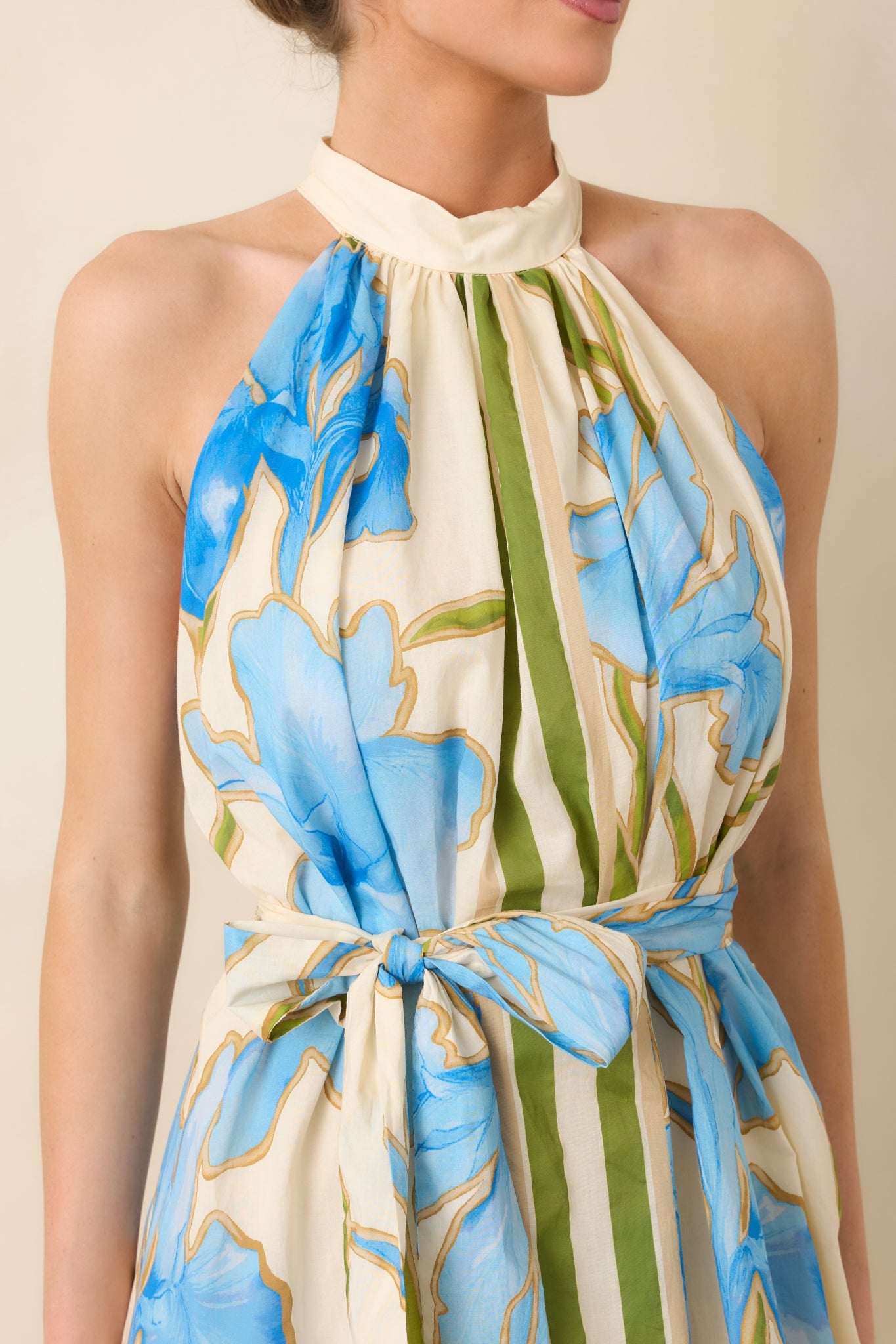 A Moment Like This Blue Multi Floral Cotton Halter Mini Dress