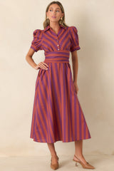 A Fresh Approach Plum & Burgundy Stripe Cotton Midi Shirt Dress