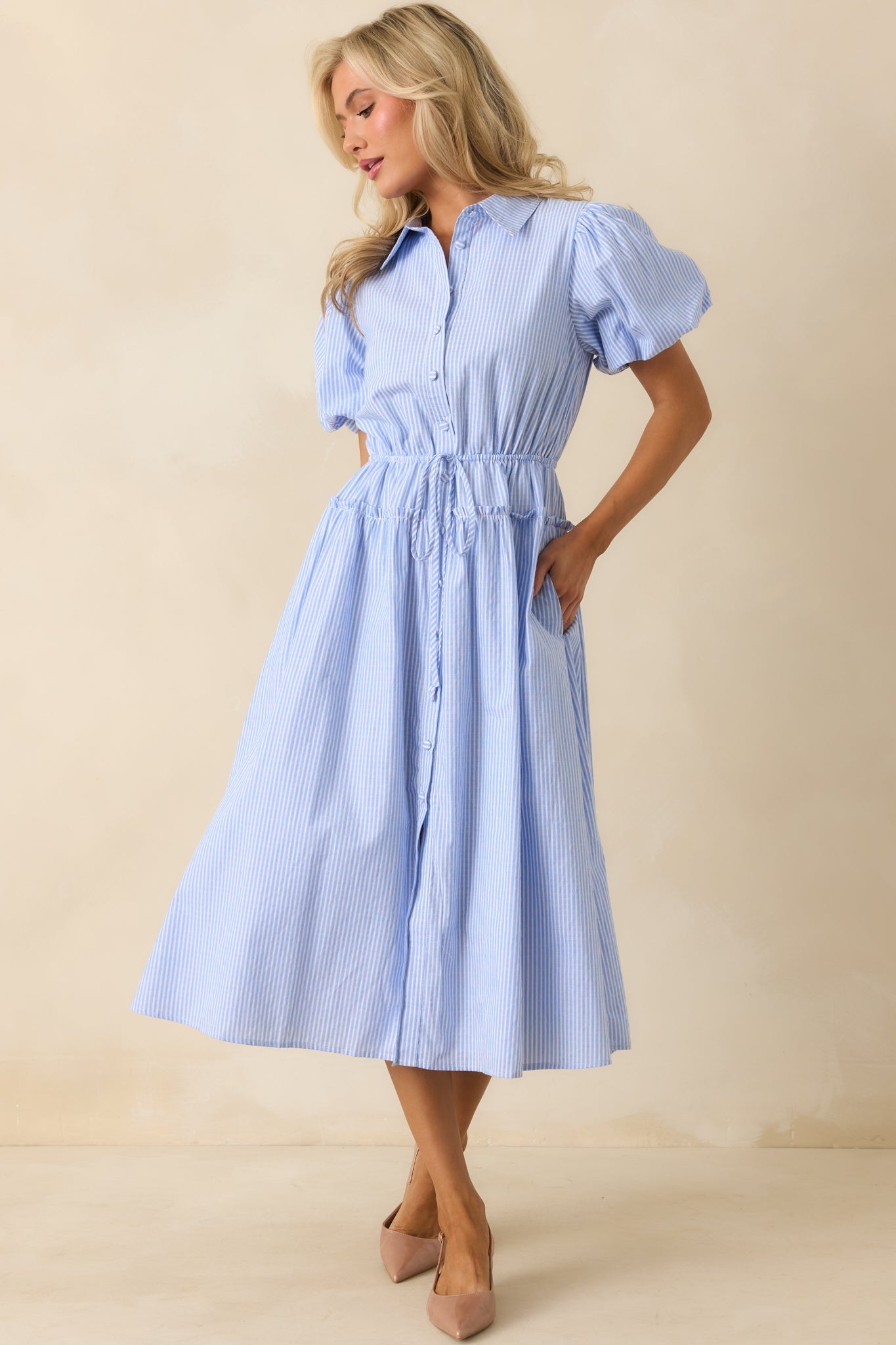 A Twist On Timeless Blue Stripe Rayon Maxi Shirt Dress