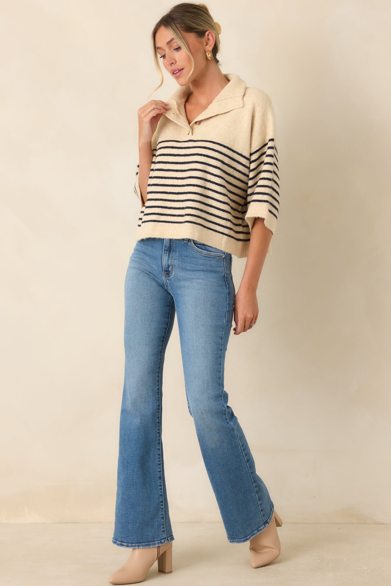 A Softer Approach Ecru & Navy Stripe Collared Knit Top