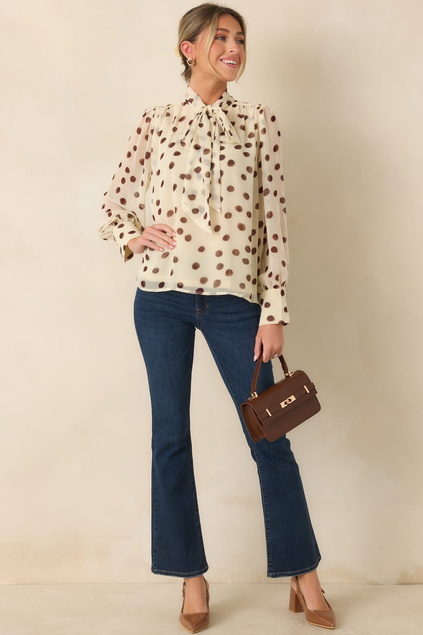 A Fine Point Ivory & Brown Polka Dot Tie Neck Blouse