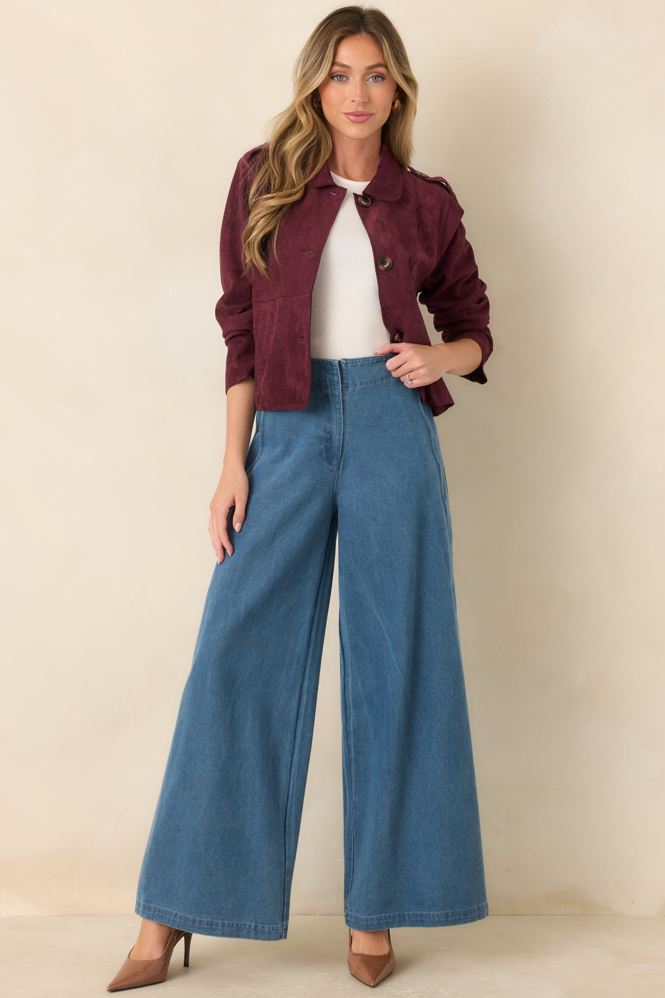 A Rich Addition Wine Faux Suede Cropped Jacket