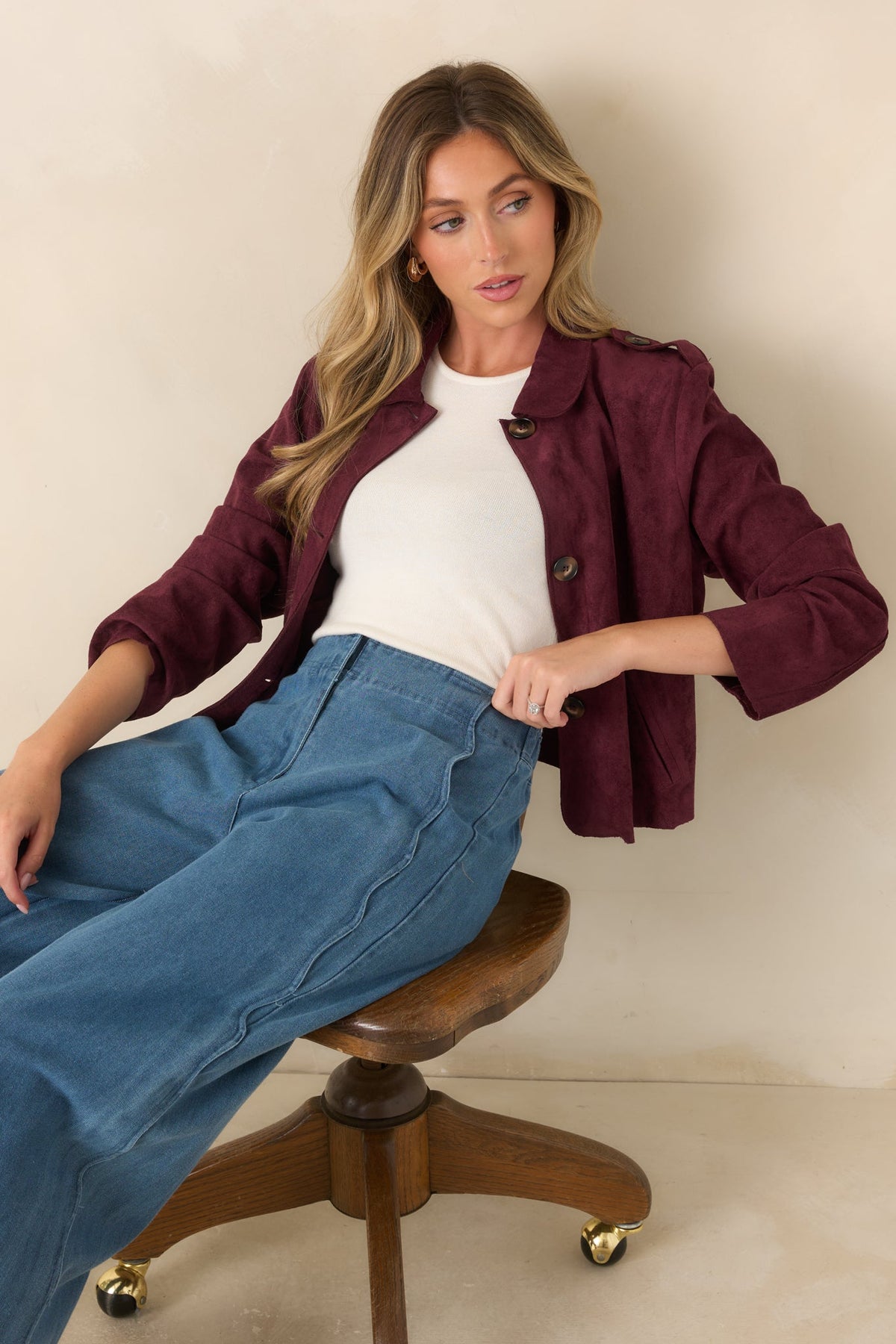 A Rich Addition Wine Faux Suede Cropped Jacket