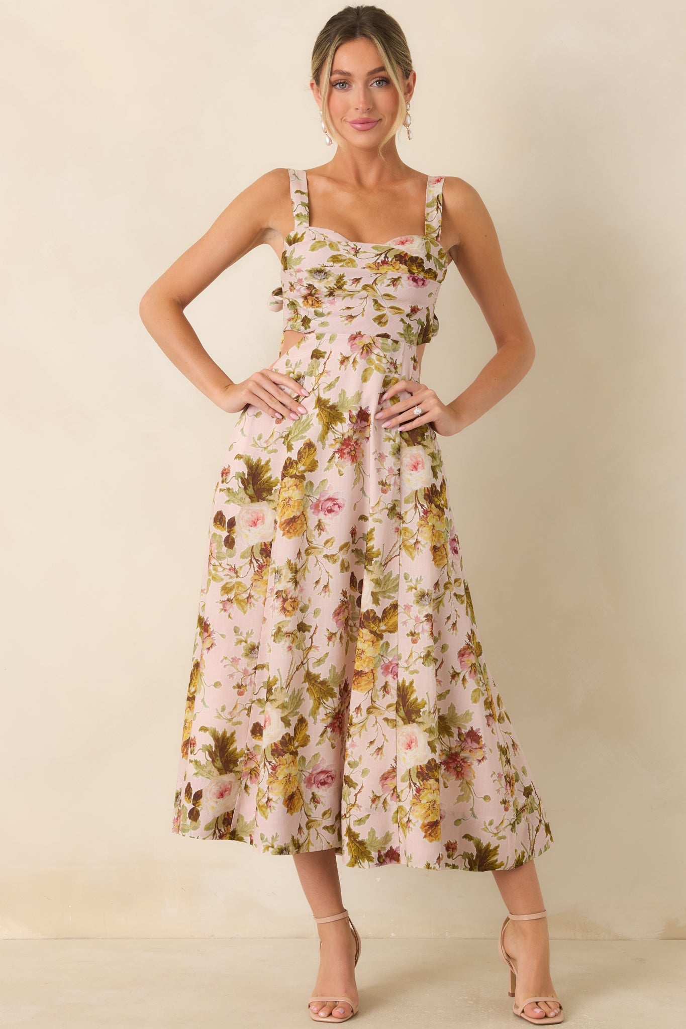 ASTR The Label Ciana Pink & Green Floral Linen Midi Dress