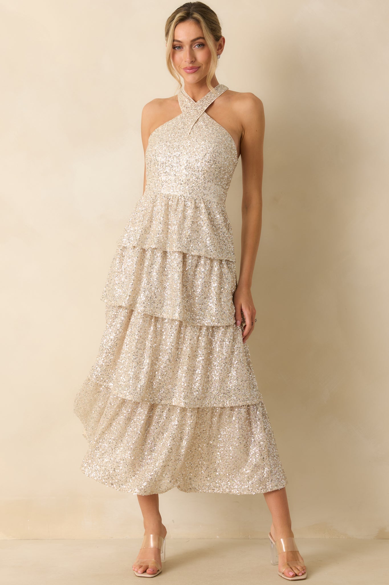 Always On Point Champagne Sequin Halter Maxi Dress
