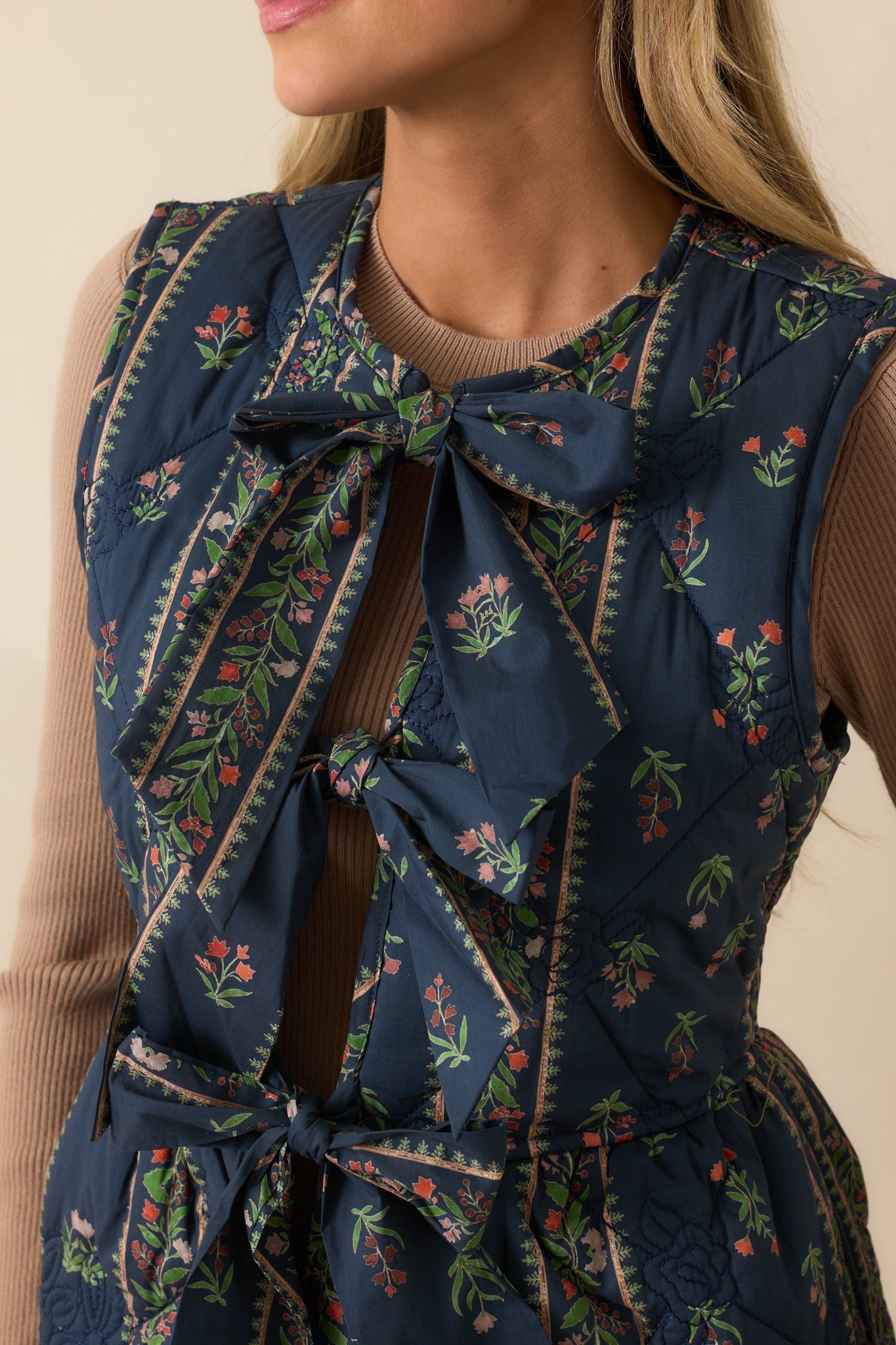 After All Is Said Navy Multi Floral Print Bow Front Quilted Vest