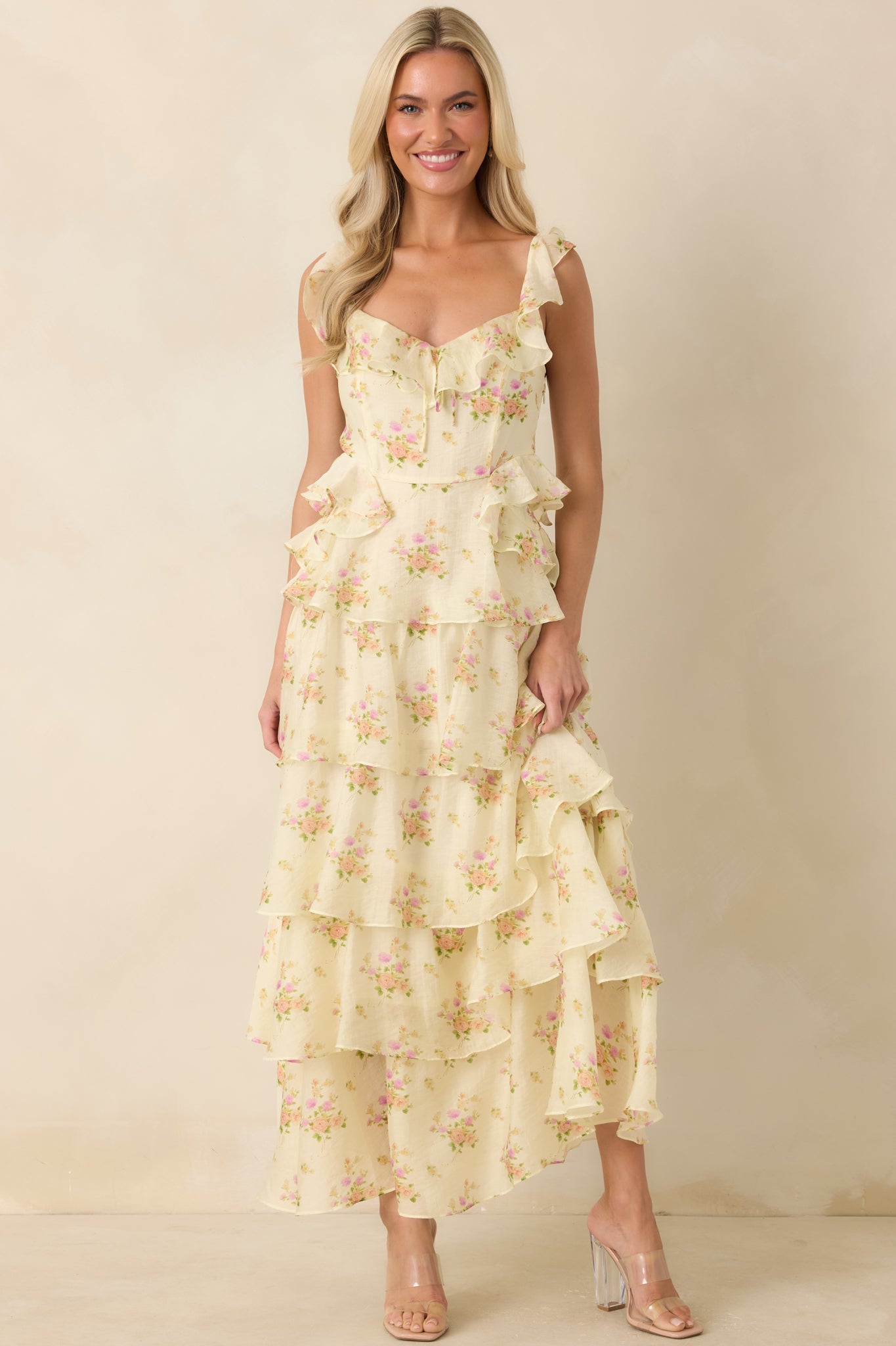 ASTR The Label Adessa Yellow Floral Ruffle Tiered Maxi Dress