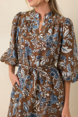 A Well-Told Story Brown & Blue Floral Tie-Waist Midi Dress