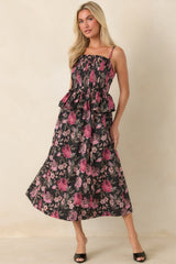 A Very Good Reason Black Floral Cotton Pleated Peplum Midi Dress