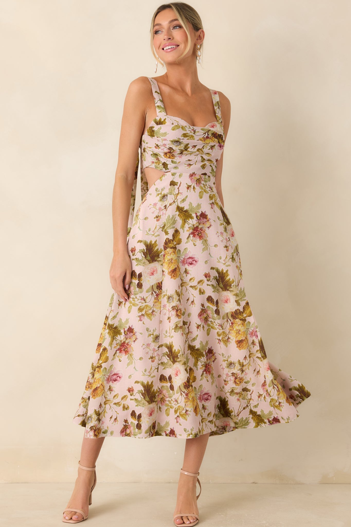 ASTR The Label Ciana Pink & Green Floral Linen Midi Dress