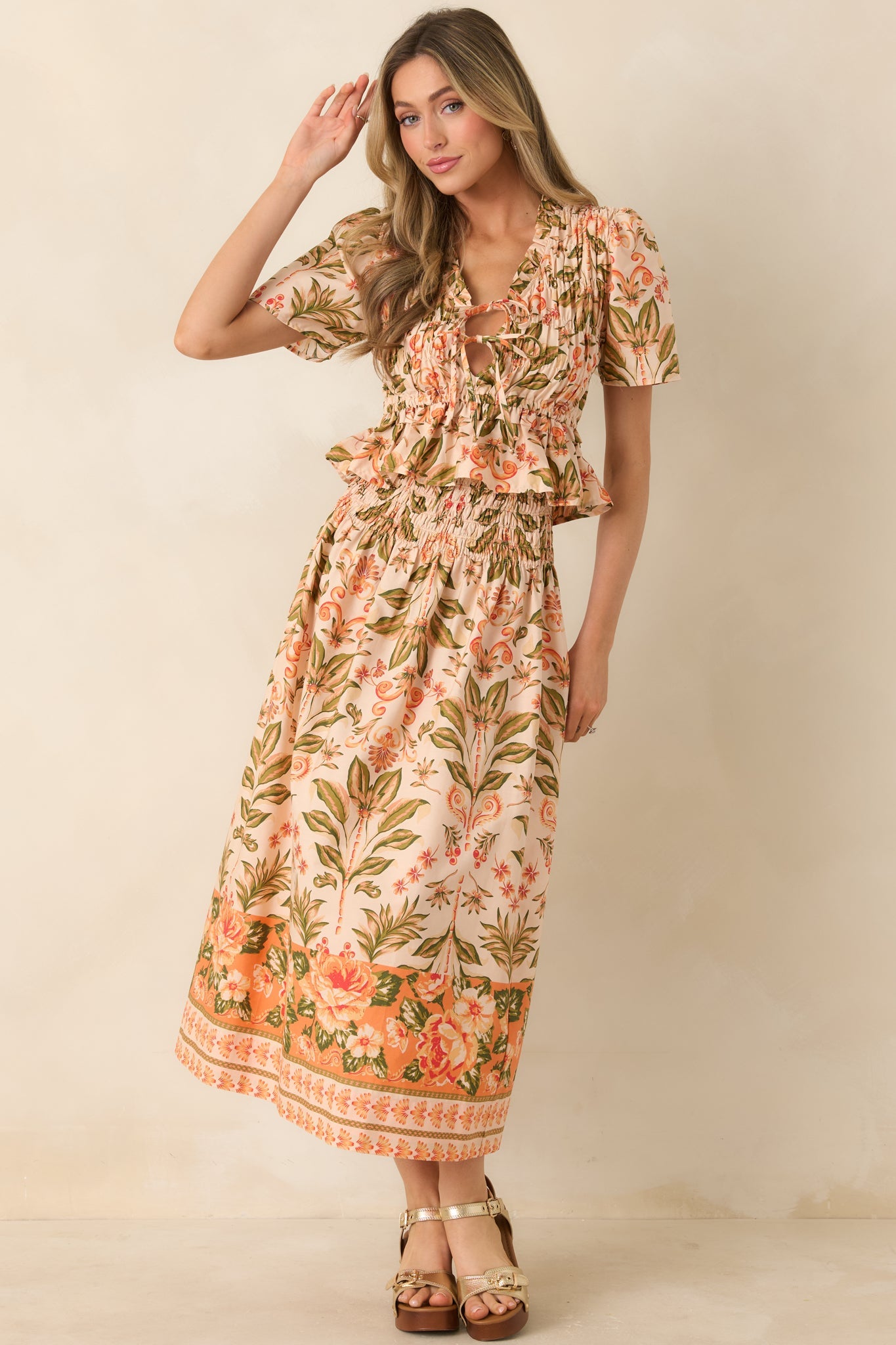 Bloom With Me Peach & Meadow Green Floral Smocked Cotton Top