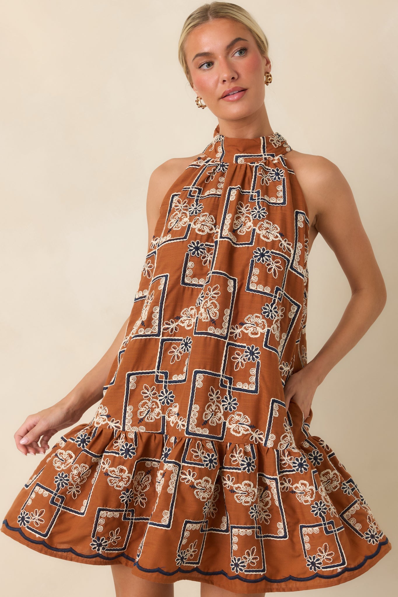 Blooming at Dusk Terracotta Embroidered Halter Mini Dress