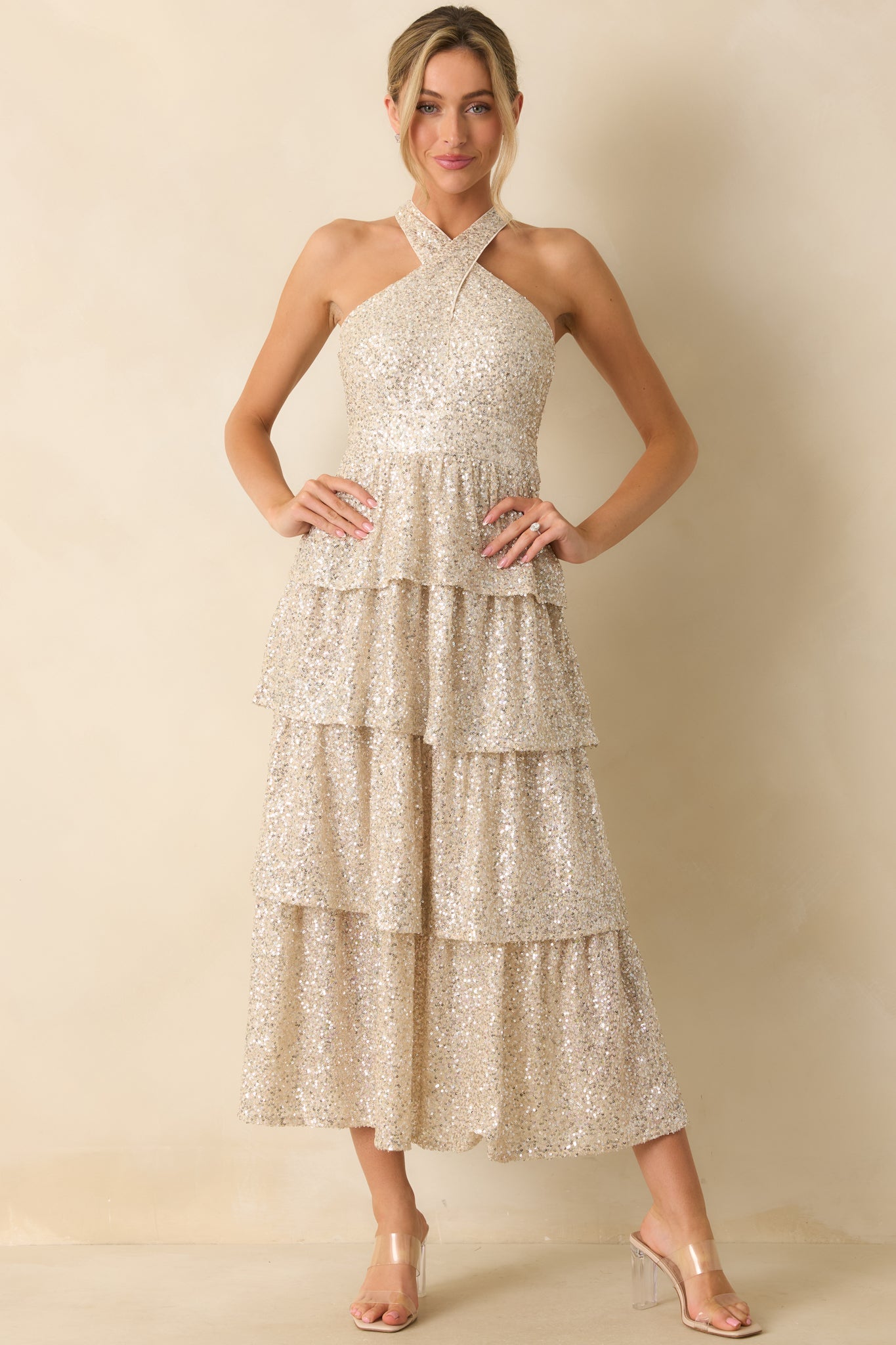 Always On Point Champagne Sequin Halter Maxi Dress