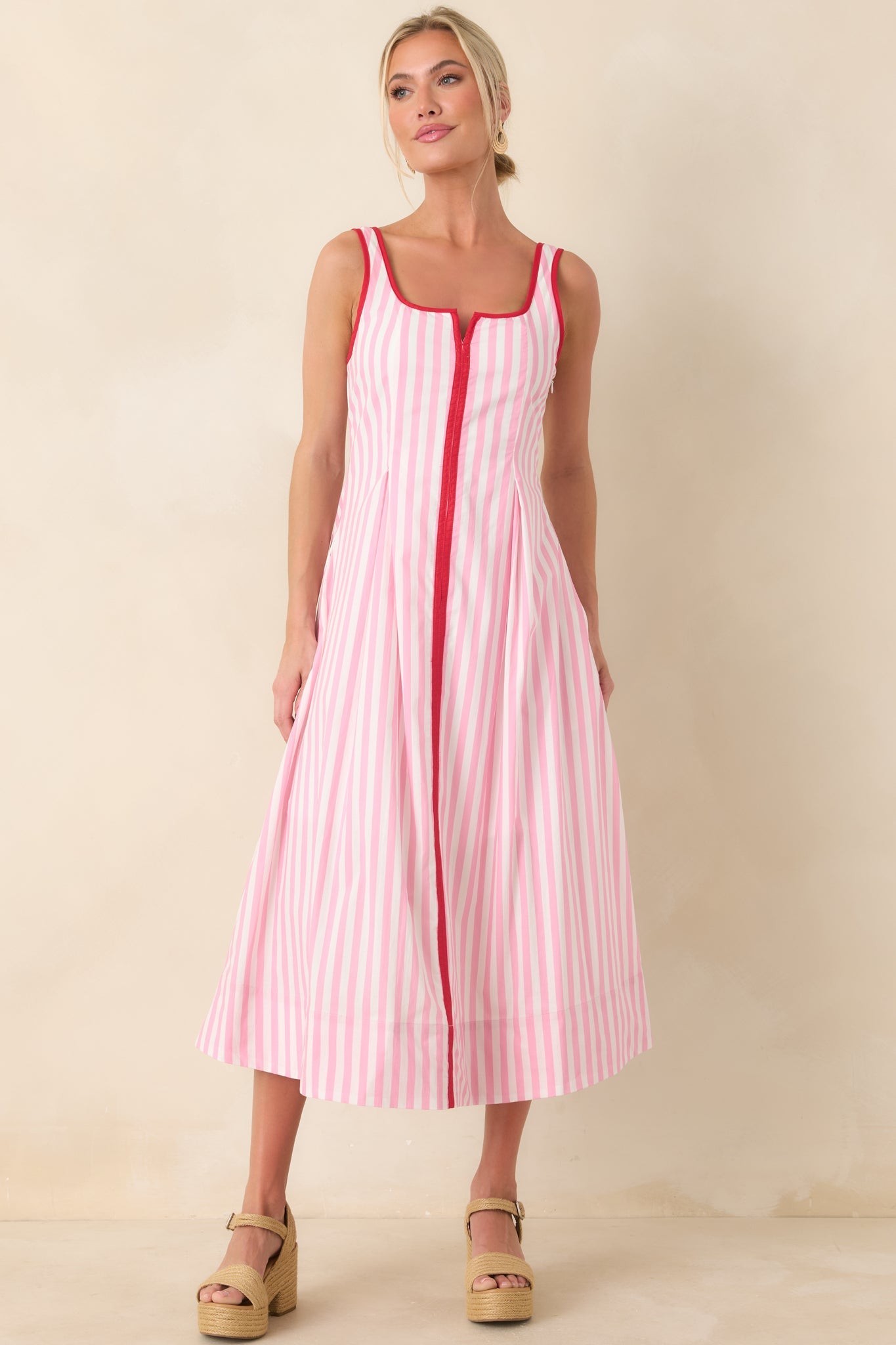 All Smiles Pink & White Stripe Midi Dress