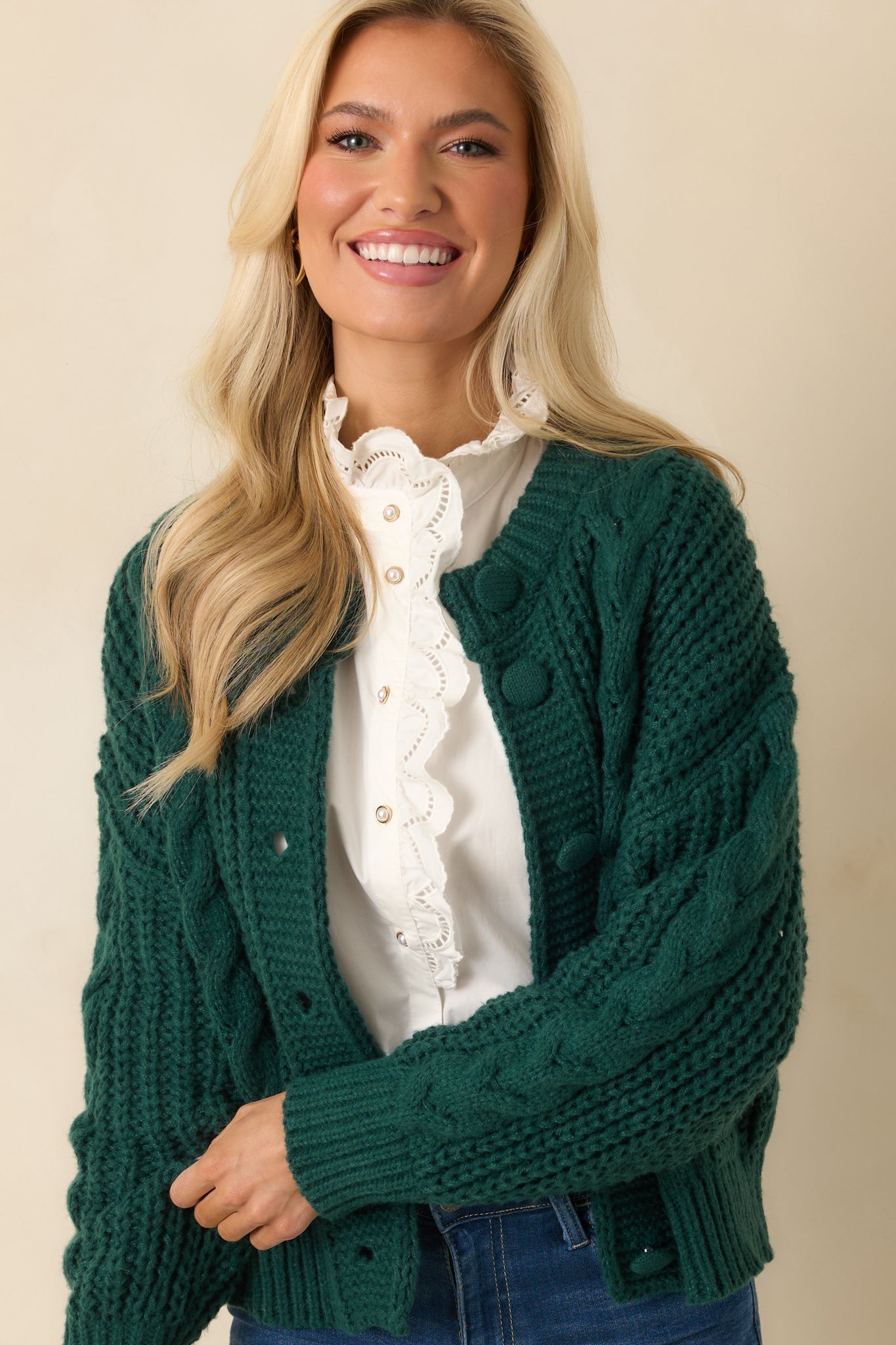 A Look That Lasts Forest Green Cable Knit Button Up Cardigan