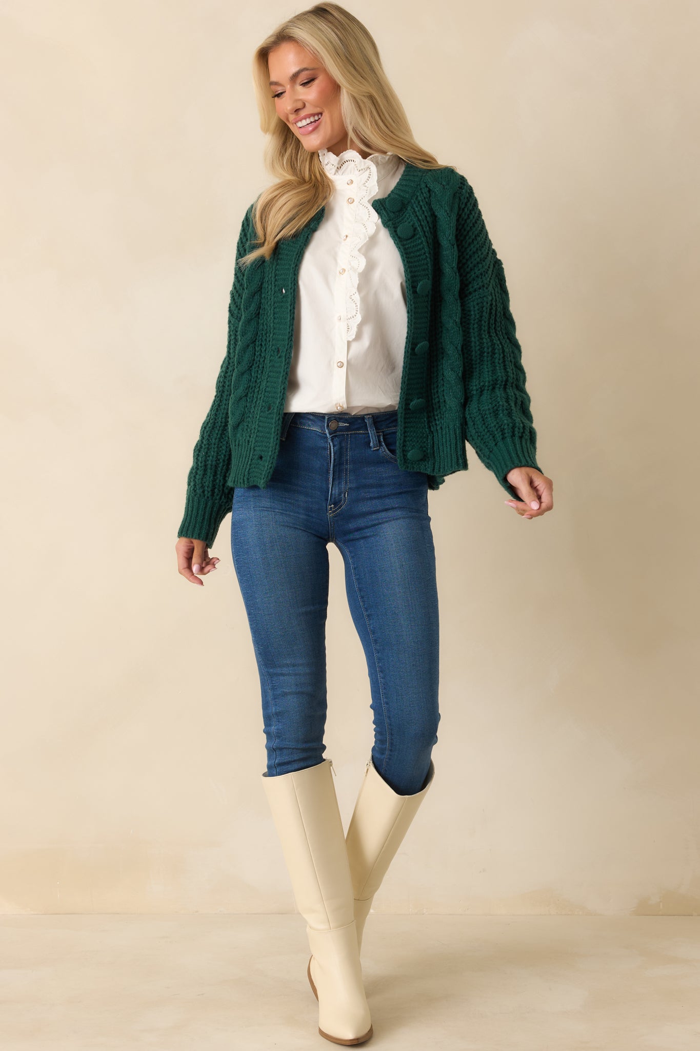 A Look That Lasts Forest Green Cable Knit Button Up Cardigan
