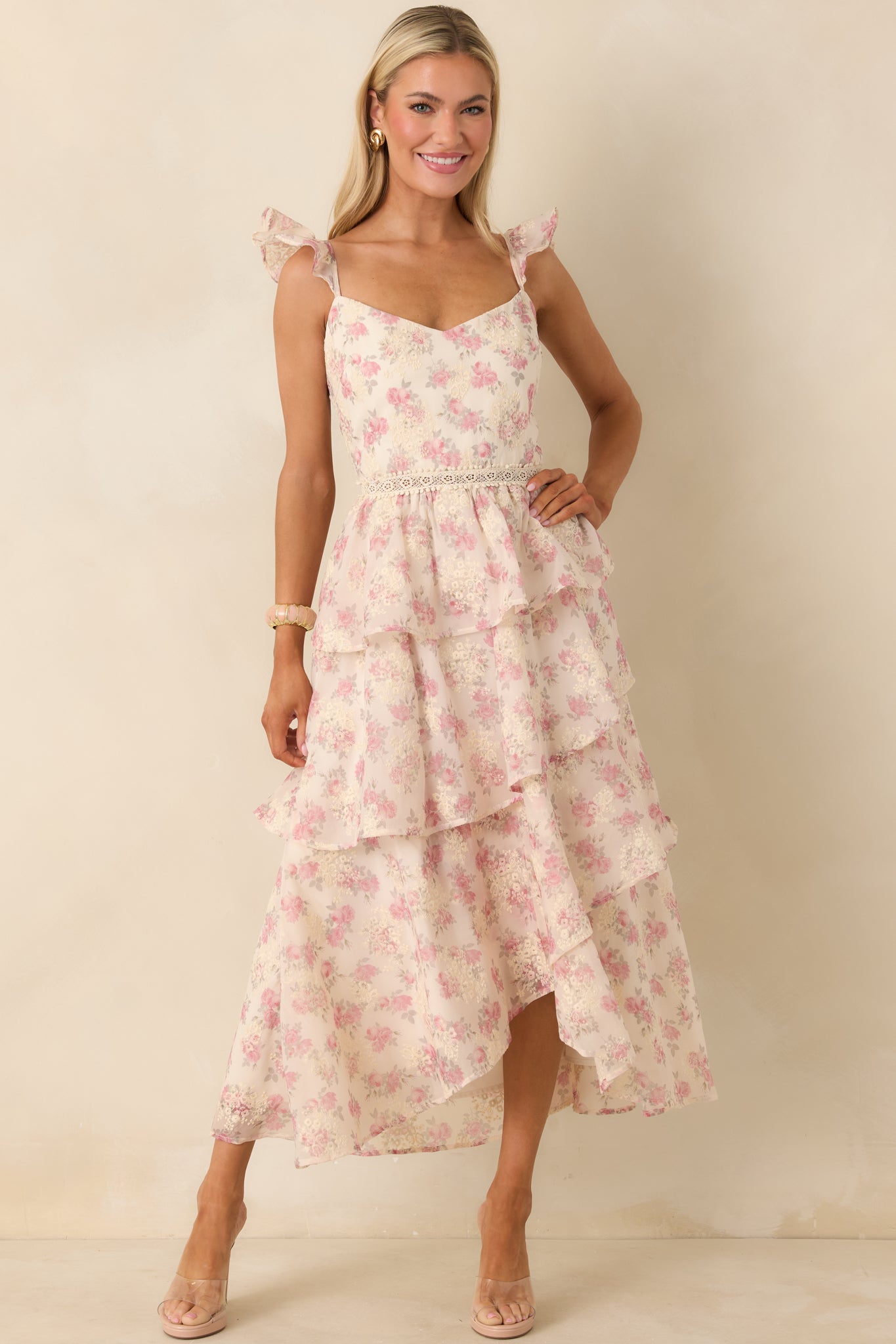 Blissful Garden Light Pink Floral Flutter Sleeve Maxi Dress