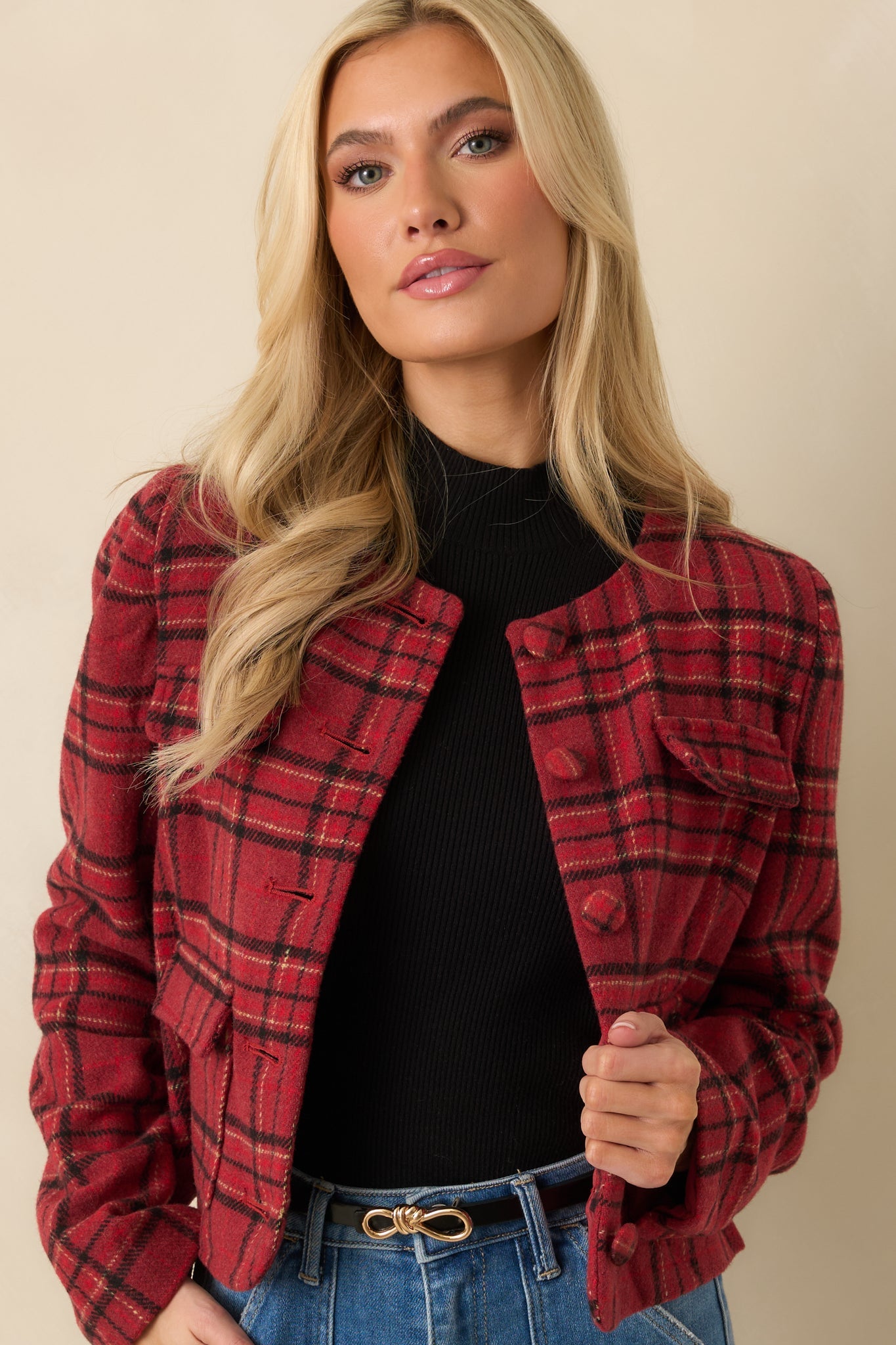 All In Good Taste Merlot Red Plaid Button Up Jacket