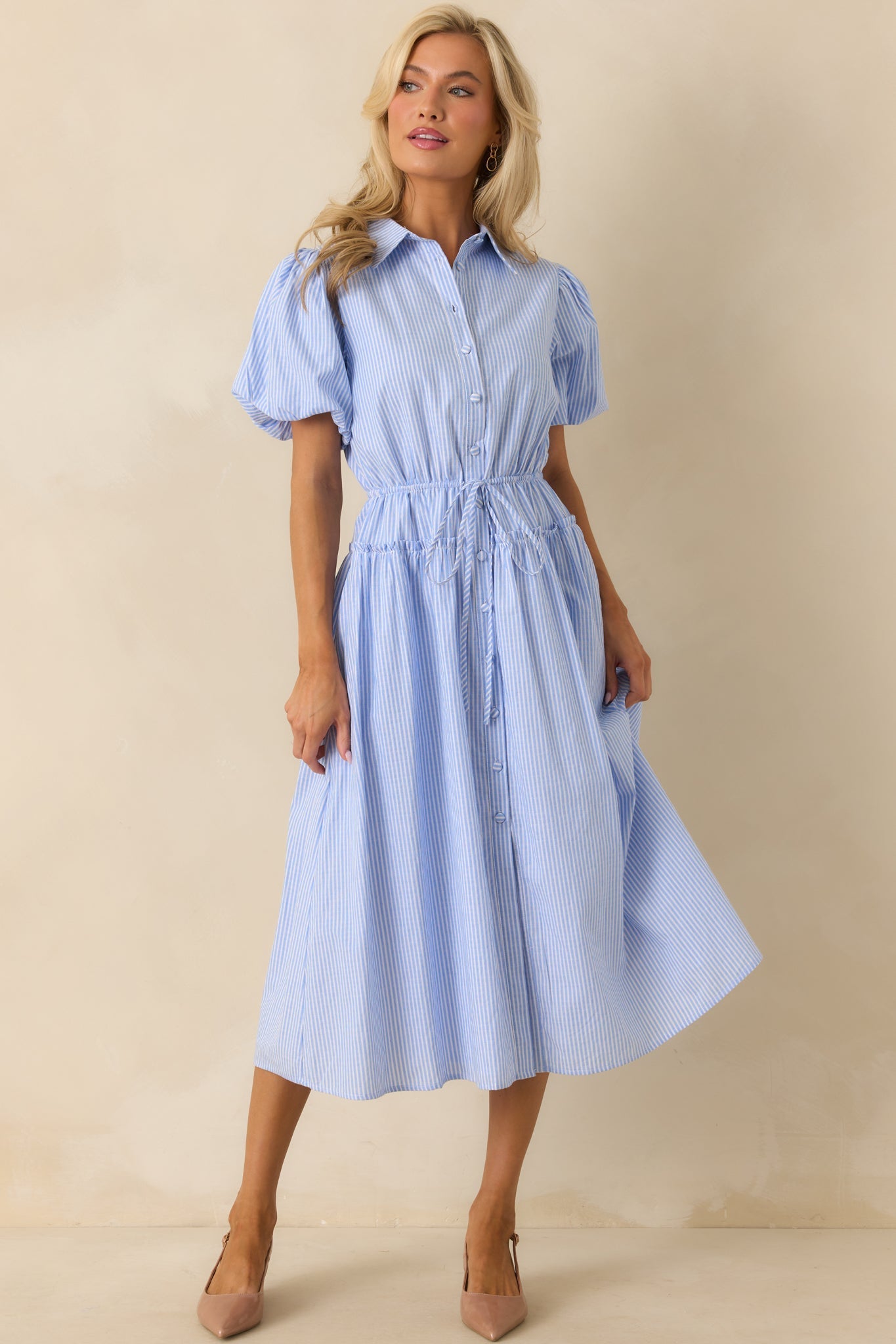 A Twist On Timeless Blue Stripe Rayon Maxi Shirt Dress