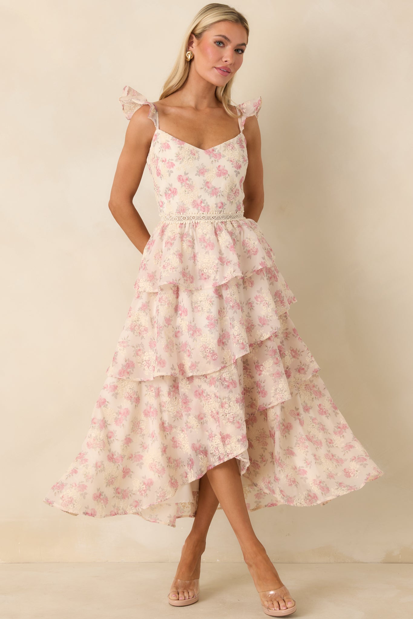 Blissful Garden Light Pink Floral Flutter Sleeve Maxi Dress