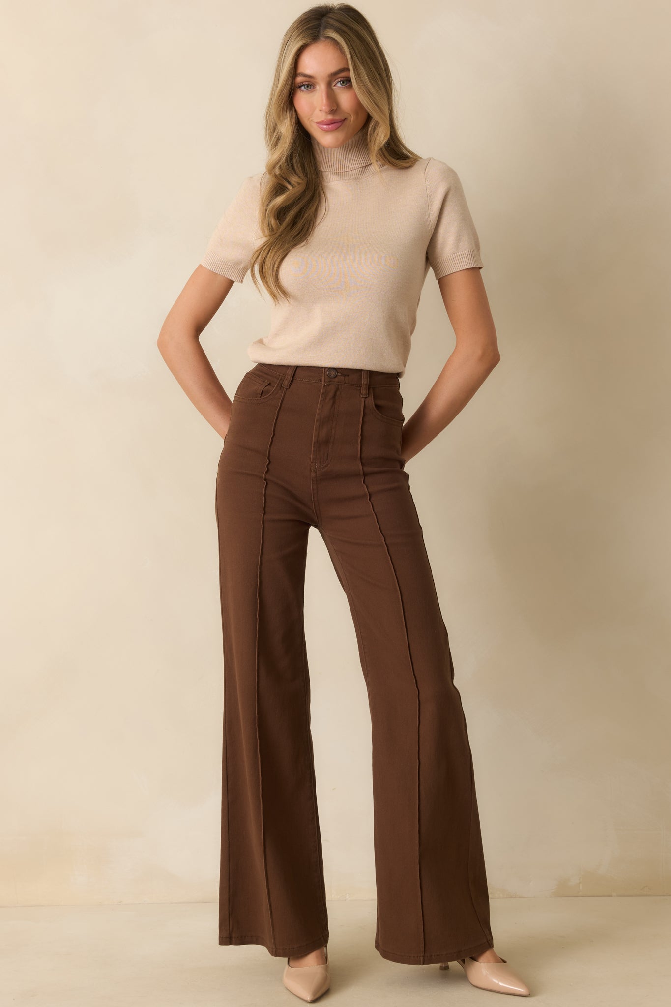 Already Over It Brown Cotton High Waisted Wide Leg Flare Jeans