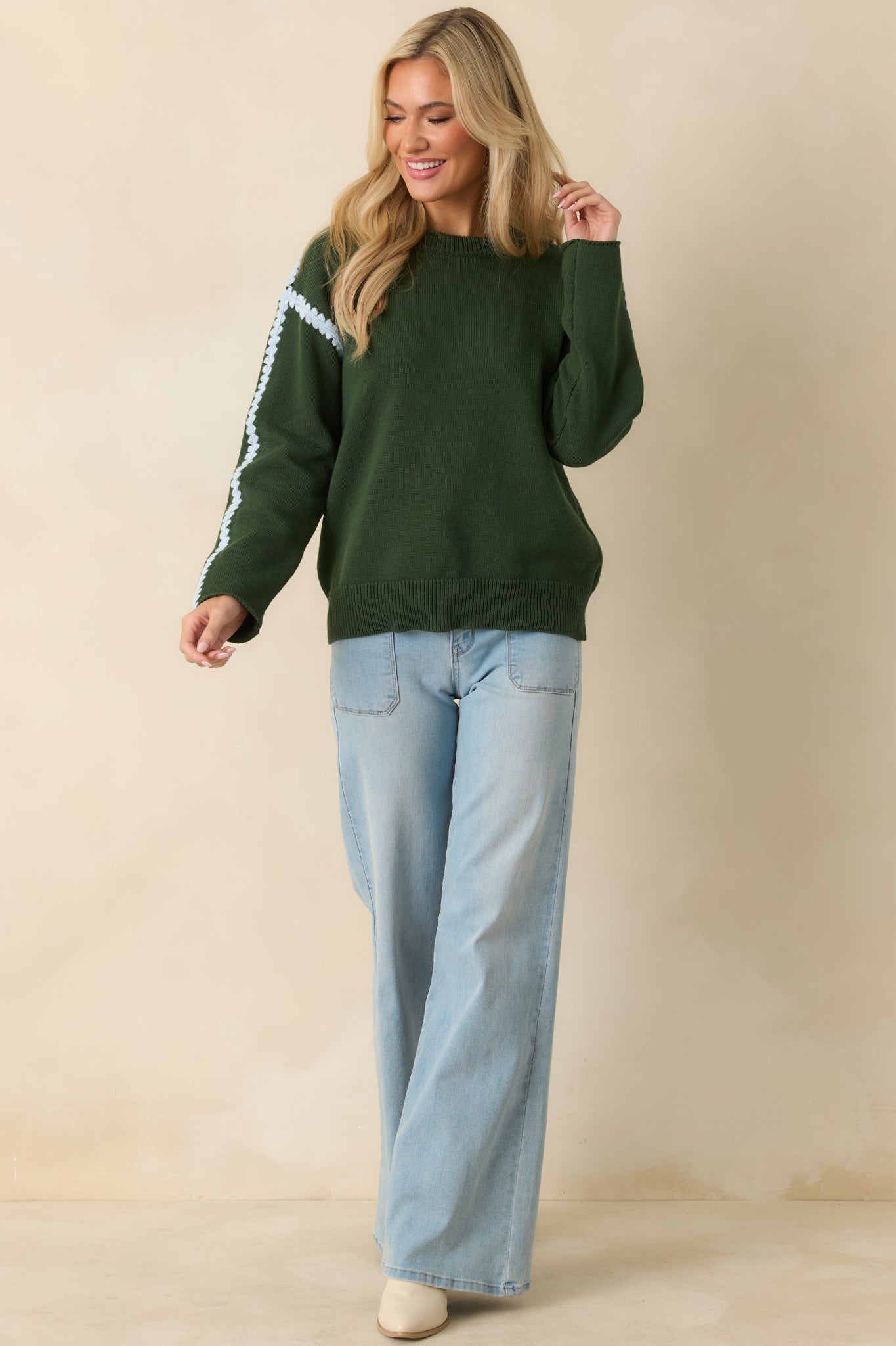 Along The Lines Moss Green Cotton Knit Crochet Trim Sweater