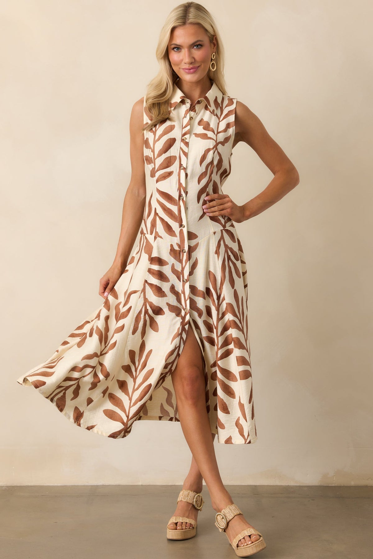 Already Handled It Light Brown Botanical Print Midi Shirt Dress