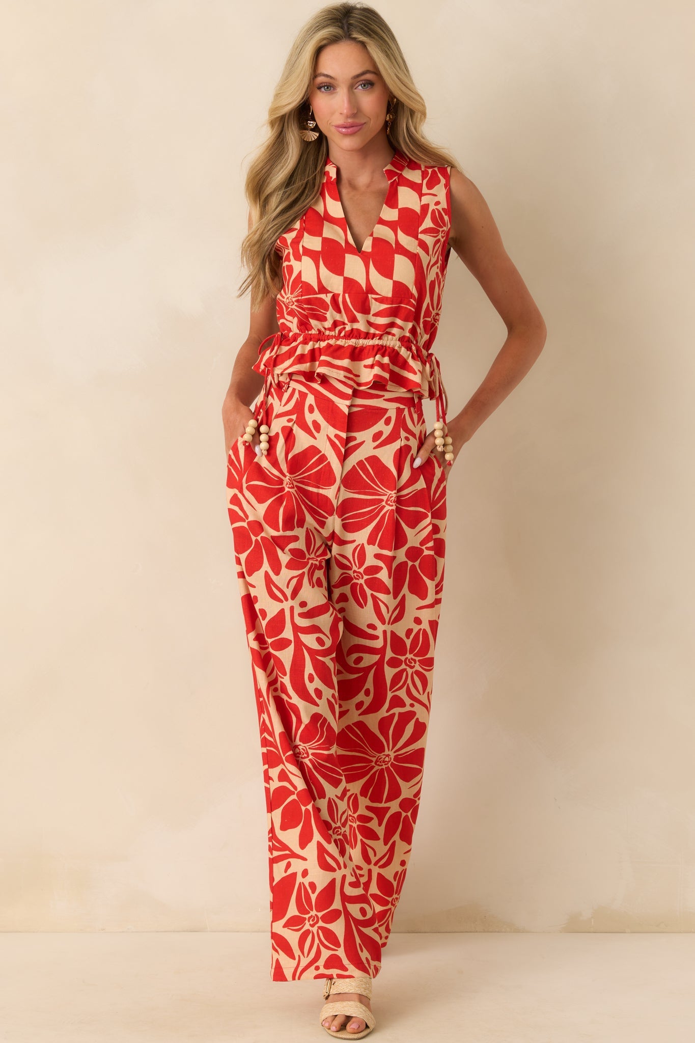 Aylaya Red Floral Print Linen Blend Key West Pants