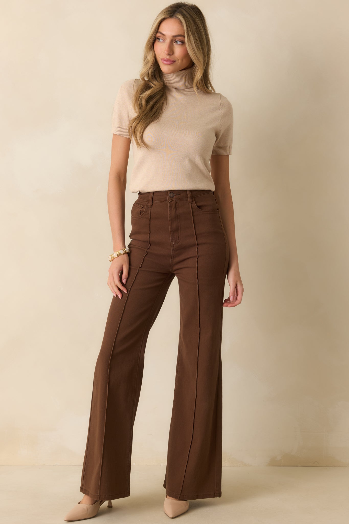 Already Over It Brown Cotton High Waisted Wide Leg Flare Jeans
