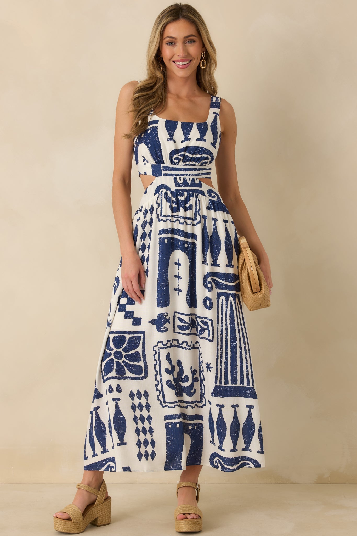 Aegean Dreams Navy & White Mediterranean Cut-Out Tie-Back Maxi Dress
