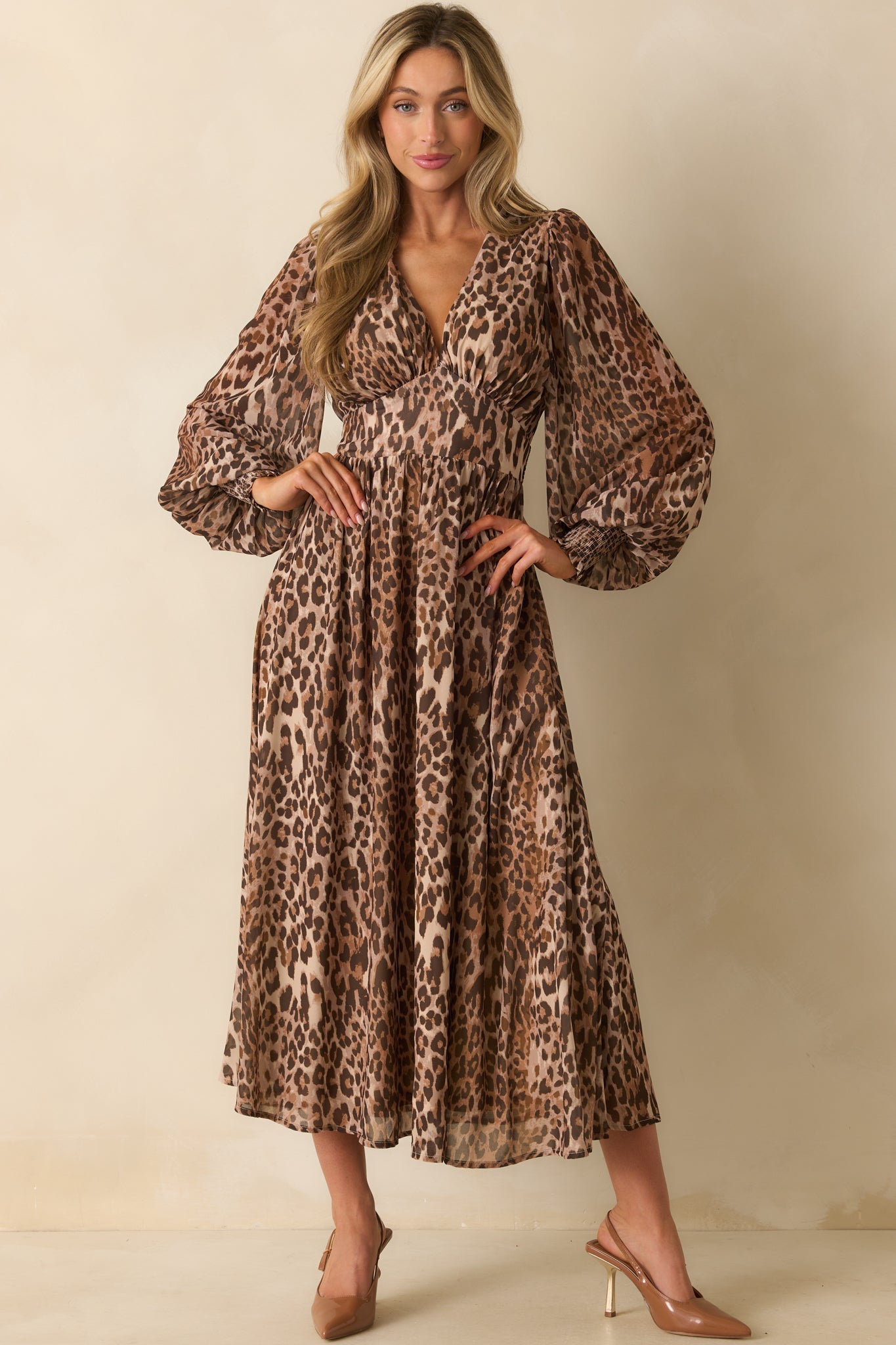 At Any Given Moment Brown Leopard Print Chiffon Maxi Dress