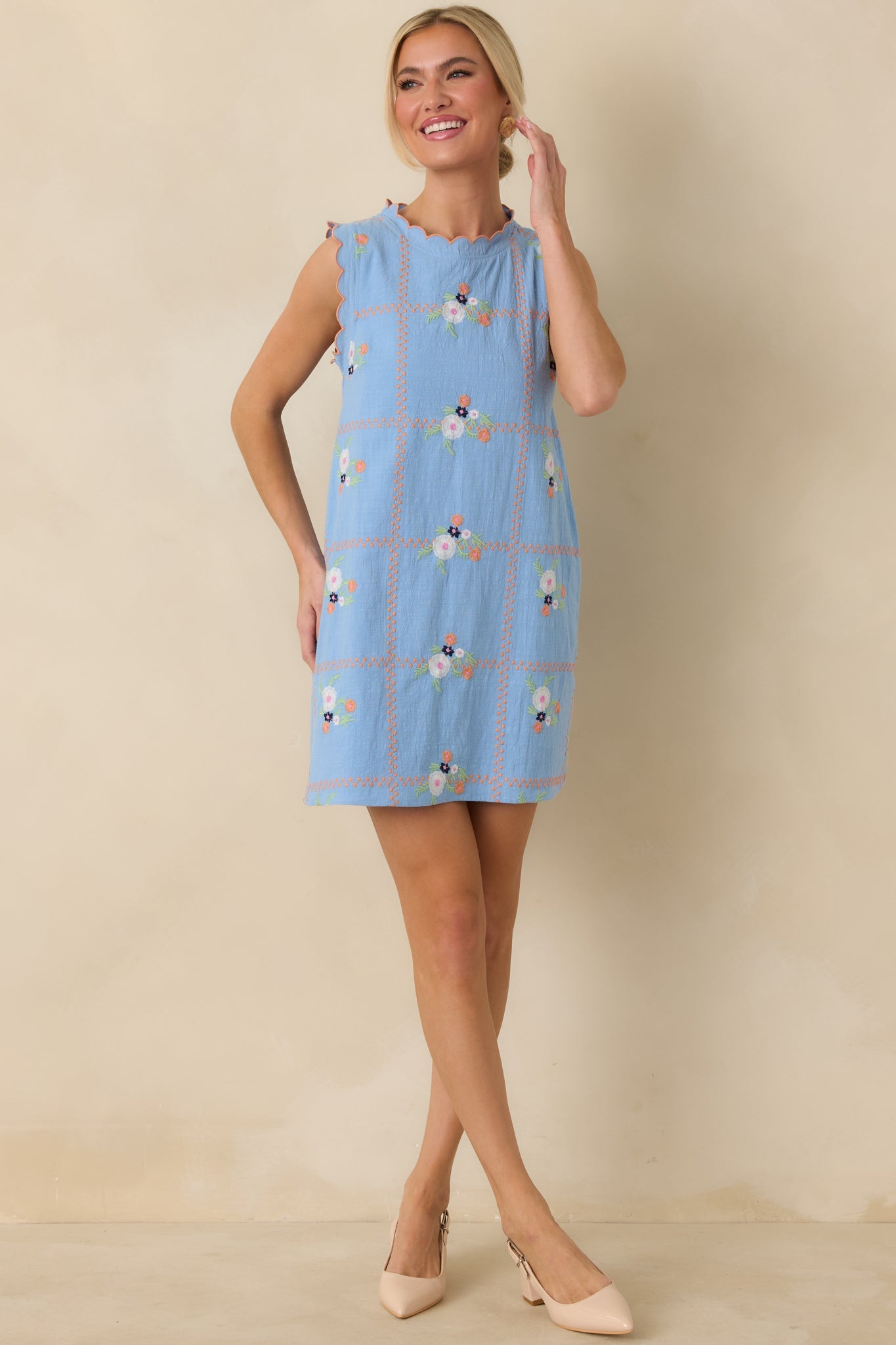 A Sweet Escape Light Blue Multi Floral Embroidered Cotton Sleeveless Mini Dress