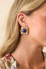 Beyond The Waters Gold Square Navy Stone Earrings