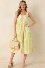 All Smiles Green & Pink Stripe Cotton Midi Dress