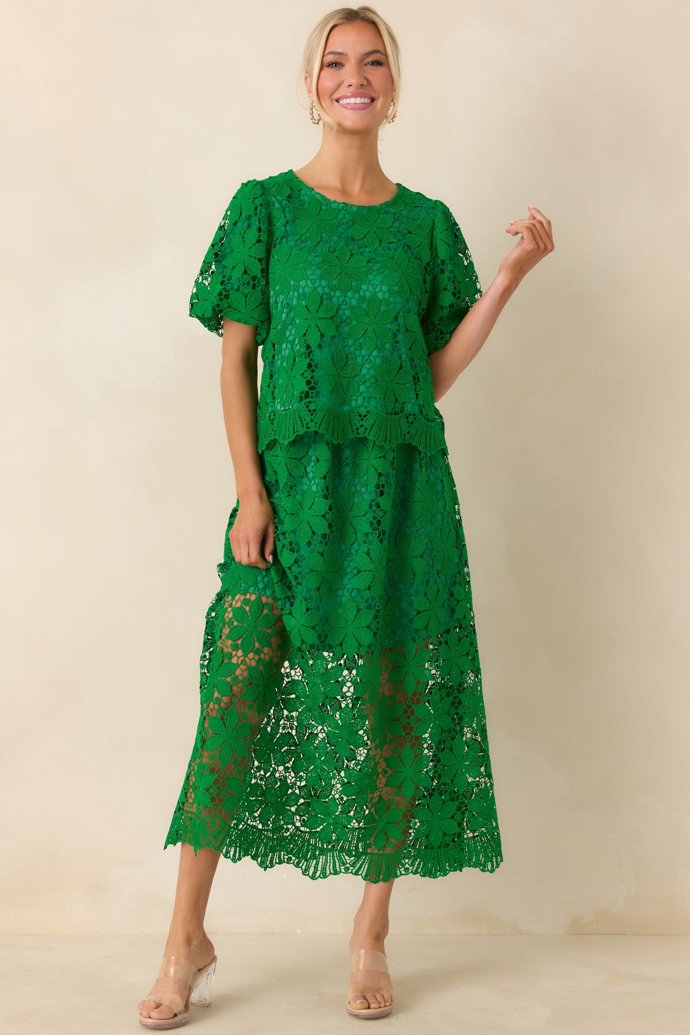 All the Attention Green Floral Lace Maxi Skirt