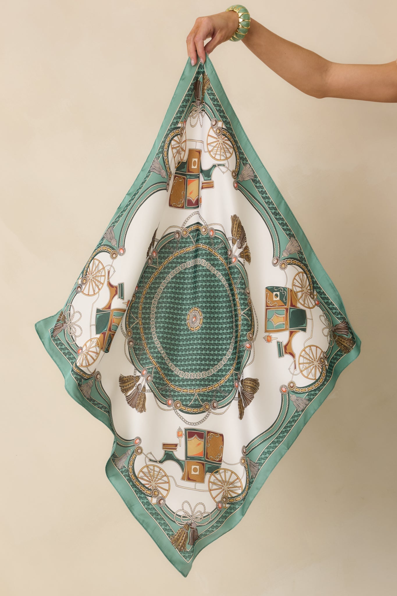 Along For The Ride Green Multi Carriage Pattern Scarf