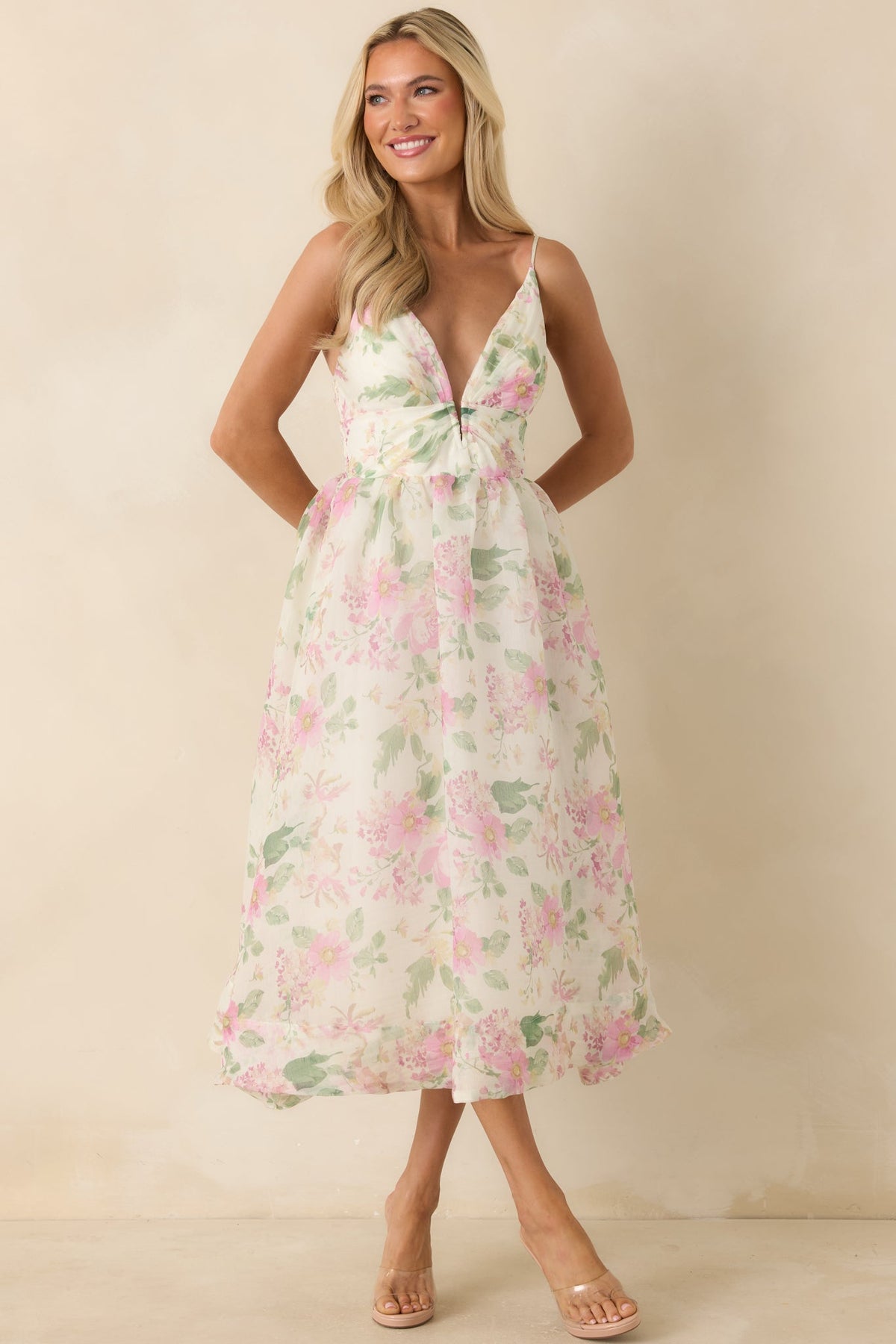 ASTR The Label Janna Ivory & Pink Floral Midi Dress